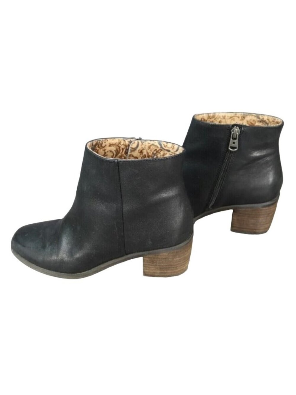 Lucky Brand Black Leather Almond Toe Stacked Heel Ankle Booties size 6.5